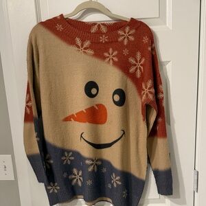 Festive Snowman Sweater Orange tan blue ugly Christmas party women’s large over